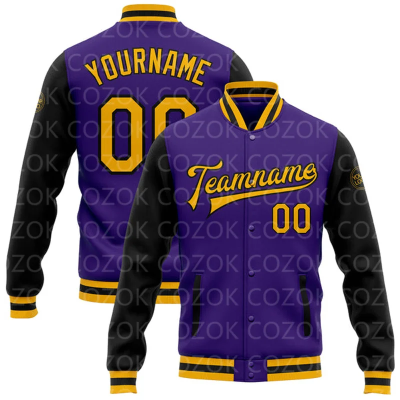 Custom Dark Purple Colour 3D Printed Baseball Button Jacket Bomber Full-Snap Varsity Letterman Jacket