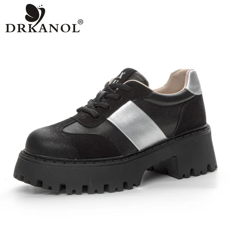 

DRKANOL 2024 Spring Women Chunky Platform Casual Shoes Women Genuine Leather Mixed Colors Thick High Heel Lace-up Loafers H9912