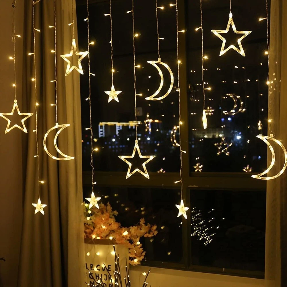 3.5M Warm White Moon Stars Curtain String Lights Icicle LED Light 8 Modes Waterproof for Room Home Wedding Party Decoration