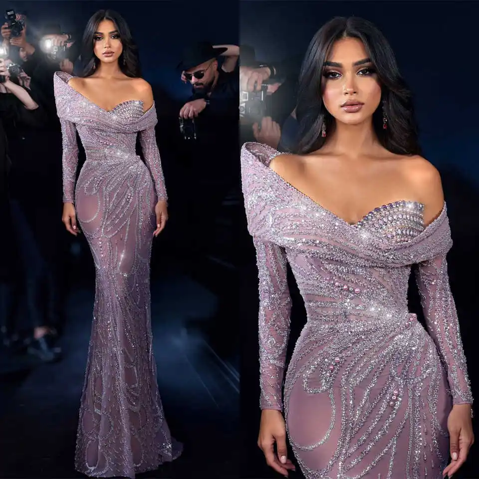 Evening Dresses Mermaid One-Shoulder Appliques Beaded Floor Length Party Vestido De Noite