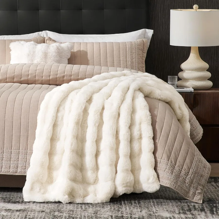 Faux Fur King Size Blanket Fuzzy Soft Plush Thick Bubble Blanket for Bed Sofa Bedroom Living Room 108 x 90 Inches Cream White I