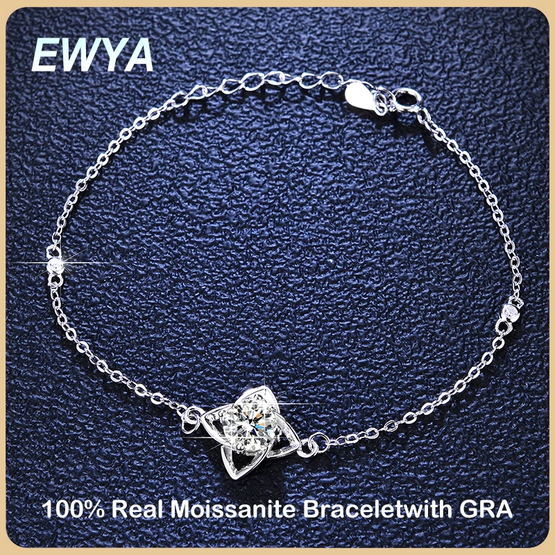 

EWYA Trendy Real GRA Certified 0.5-1CT Clover Moissanite Bracelet for Women Girl S925 Sterling Silver Diamond Link Bracelets