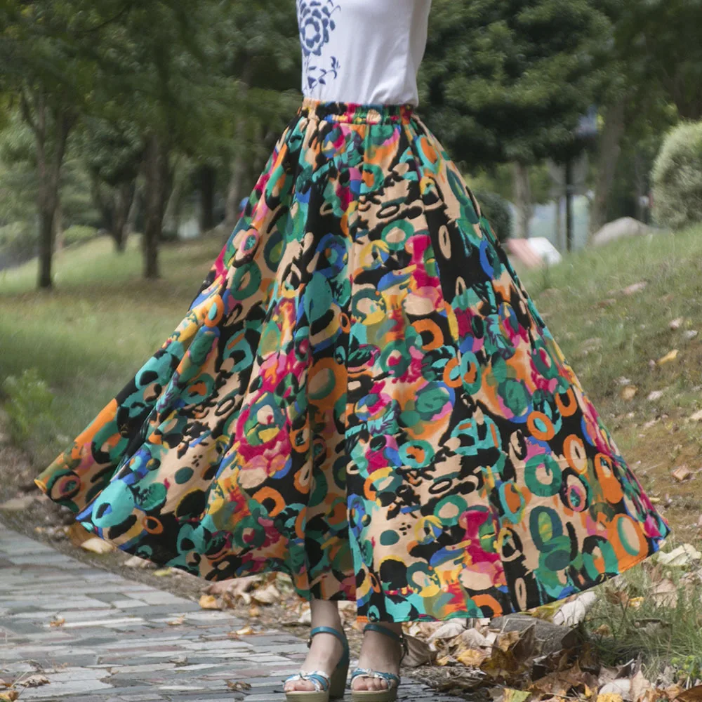 TIYIHAILEY Free Shipping 2022 New Fashion Long Maxi A-line Elastic Waist Women Cotton And Linen Spring Summer Printed Skirt