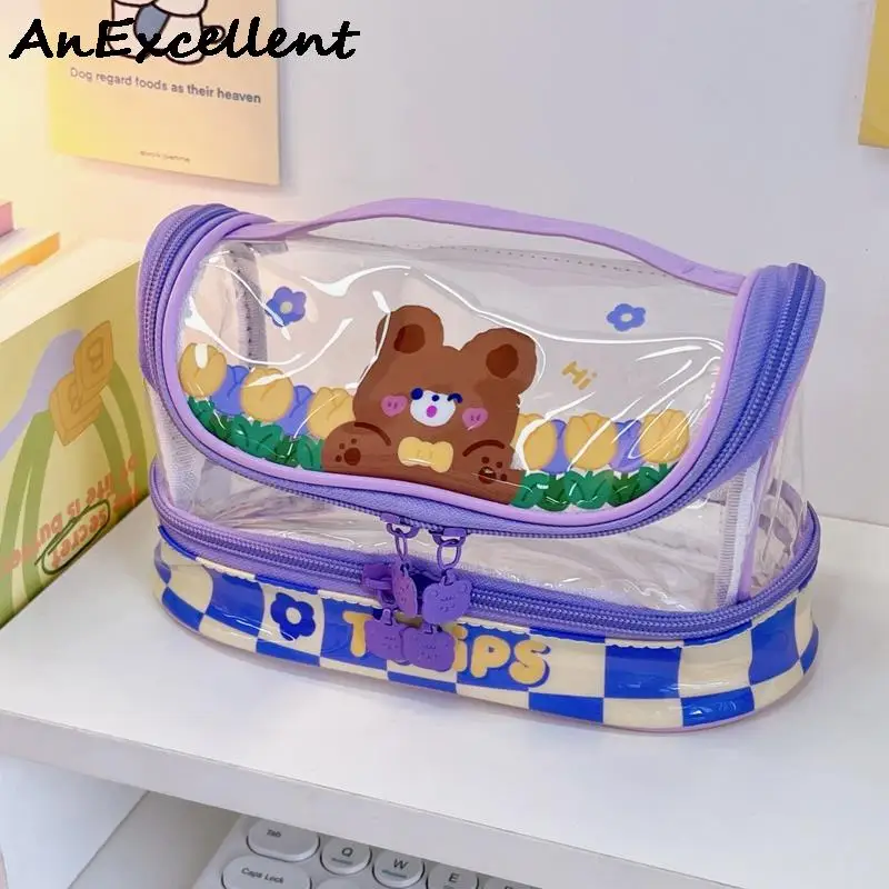 

Large Capacity 2 Layers Organizer Storage Portable with Holder Transparent Waterproof Pencil Case Cartoon Bunny Makeup Bag