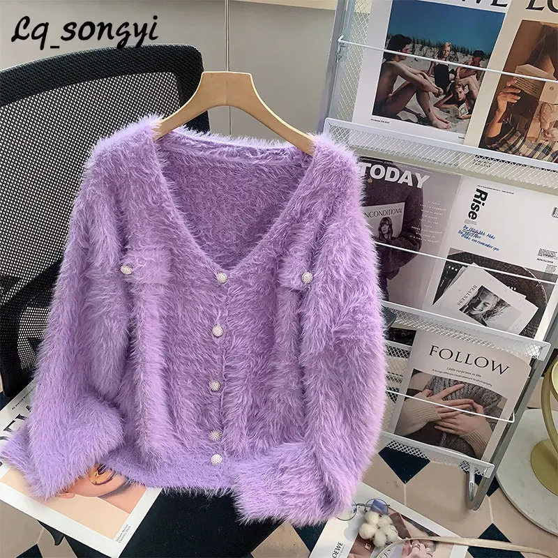 

Faux Mink Cashmere Short Cardigan for Women Autumn Winter Soft Sweater V Neck Puff Sleeve Solid Knitted Coats Y2K Lq_songyi SY49