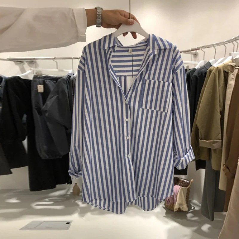 Südkorea Dongdaemun Gestreiftes Hemd frauen Design Sinn Nische 2023 Herbst Neue Westlichen Stil Hemd Student Hemd Mode