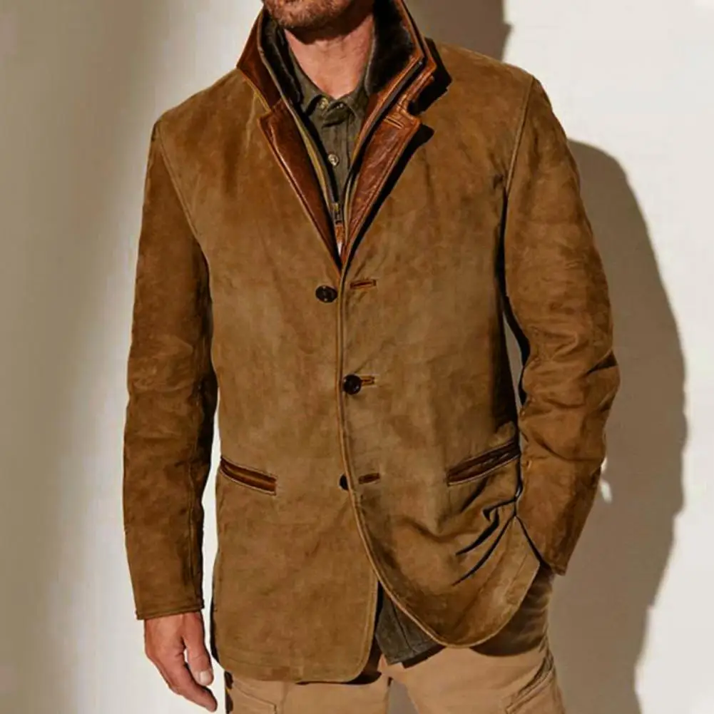 Retro Style Men Jacket Men's Retro Patchwork Cardigan Coat with Plush Lining Fake Pockets Stylish Winter Jacket for Plus Size