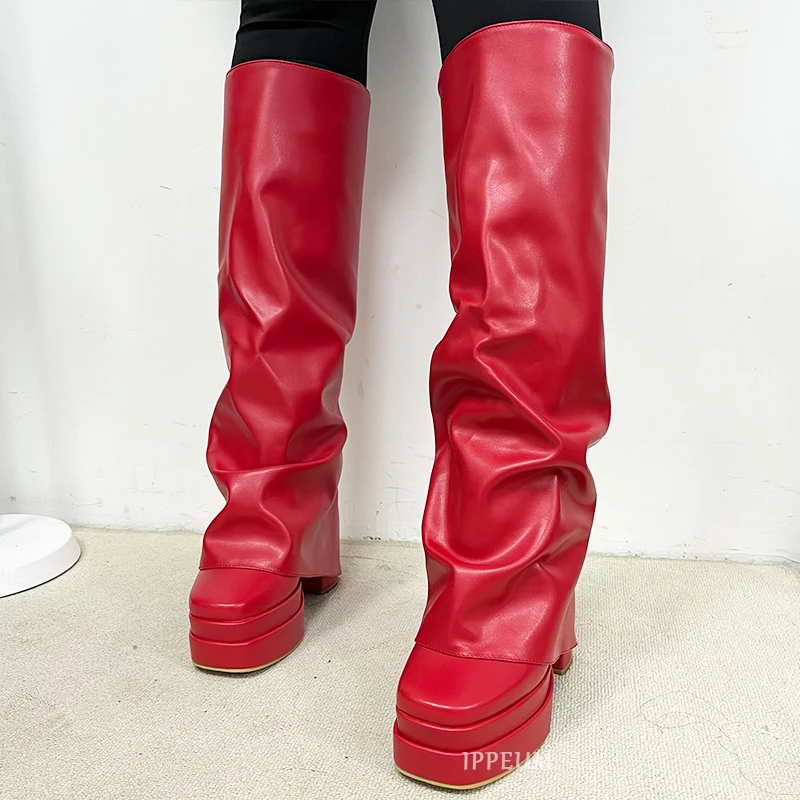 IPPEUM Fold Over Boots Women Orange Hot Pink Block Heel Knee High - Main Image