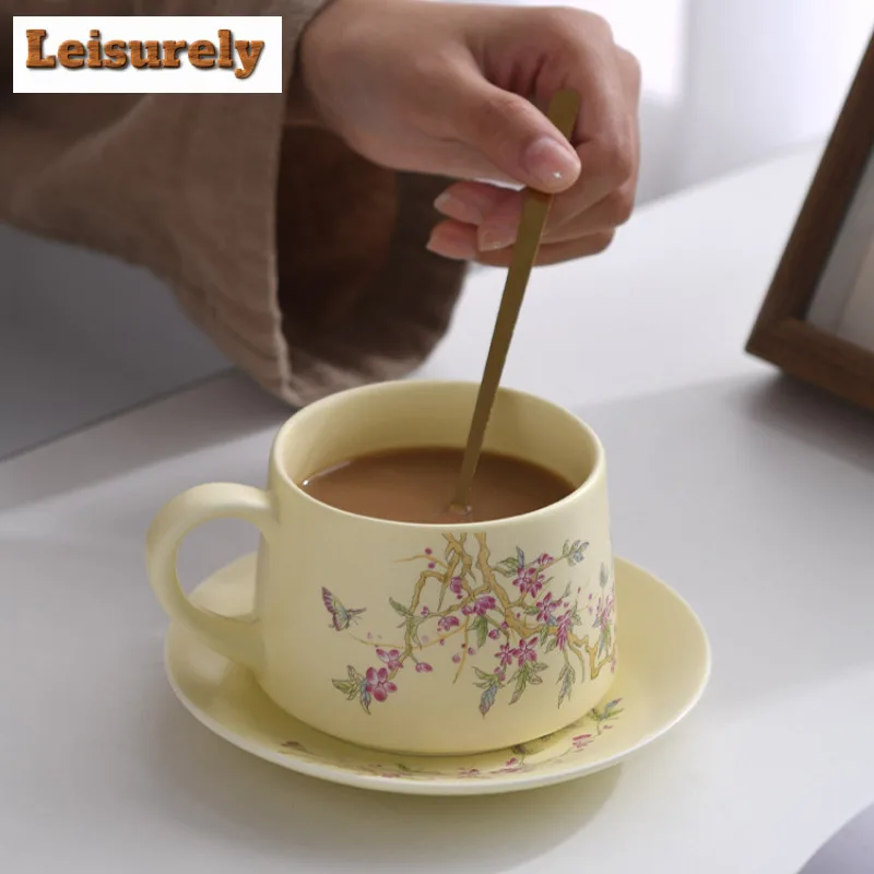 280ml Wisteria Flower Coffee Mug With Plate Kitchen Cup Afternoon Tea Mug Water Ice Cold Juice Jug Cup Saucer Kit Tableware Gift