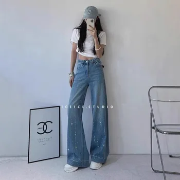 2025 Early Spring New High-Waisted Wide-Leg Meteor Hot Drilled Bowknot Straight-Leg Jeans For Women Versatile Long Pants 1