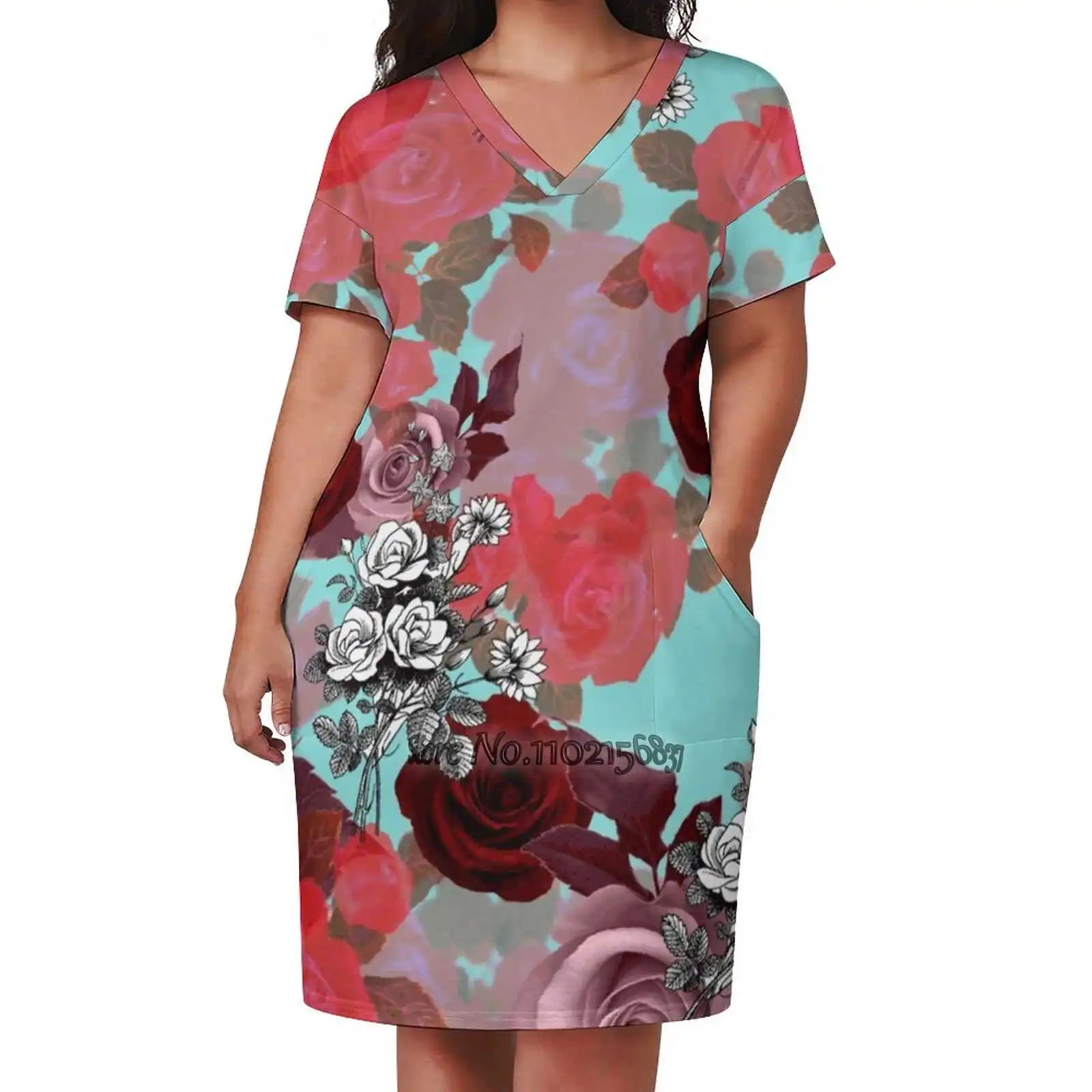 

Rosen'Rose #Giftoriginal Fashion Street Dress Loose V-Neck Short Sleeve Skirt Casual Party Skirt 5Xl Roses Flower Flora Nature