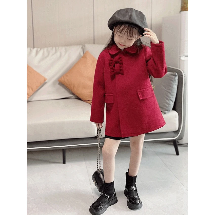 

Autumn Girls Long Fashion Cotton Coat Baby Kids Princess Korean Style Thickened Bow Single-breasted Coat Children Warm Jacket