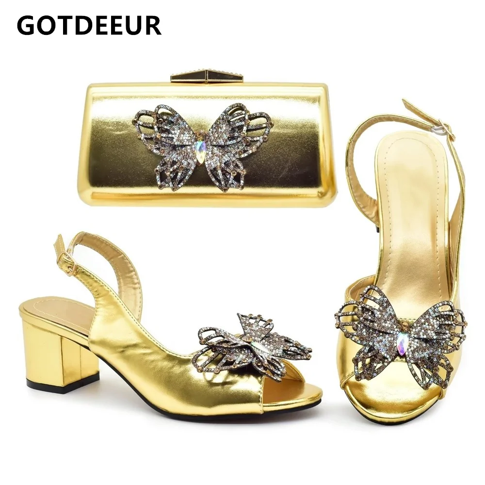 

Banquet Women's Shoes and Bag Set decroated with Rhinestones elegant italian Diamond Butterfly Design party shoes and bag set