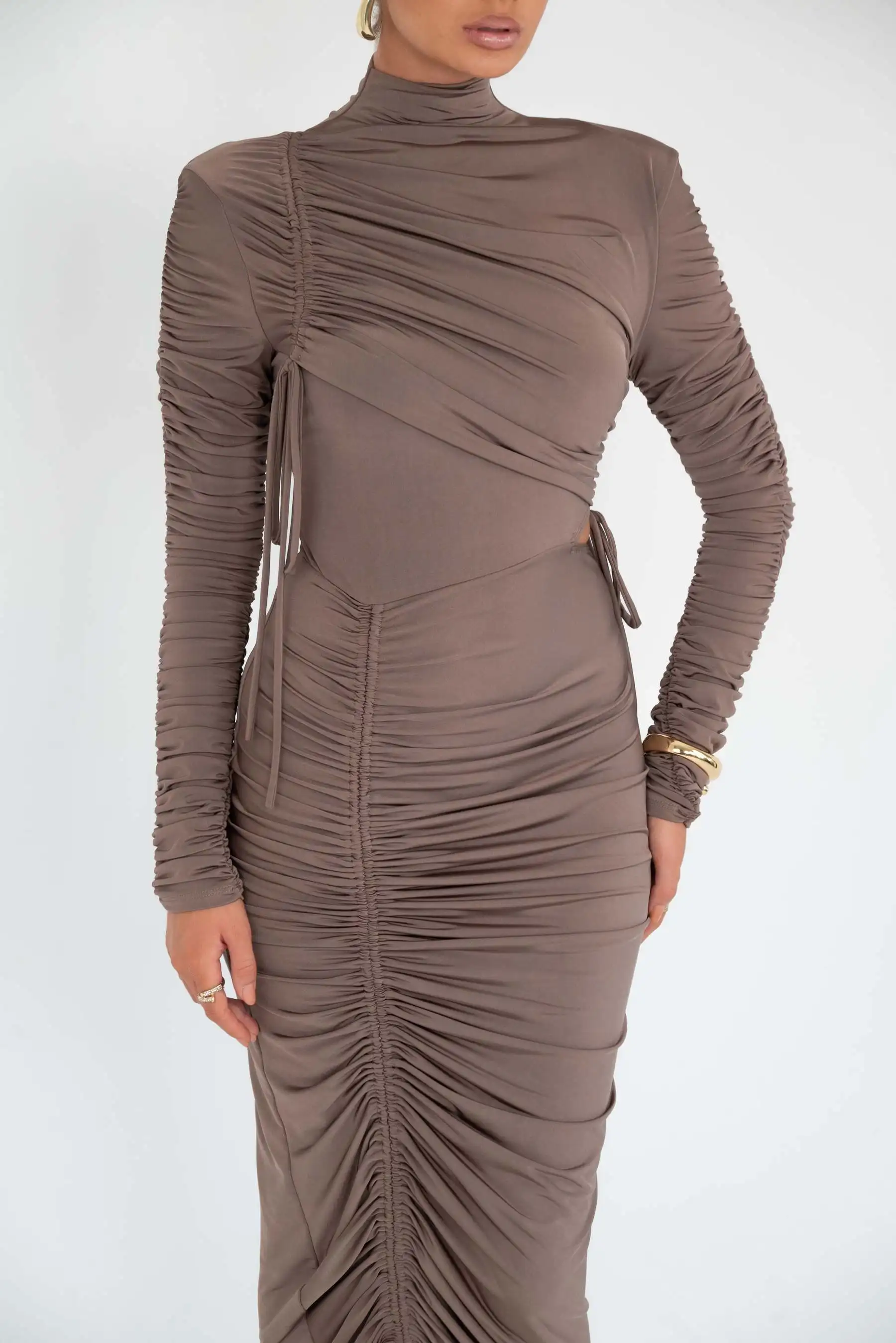 Elegant Long Sleeved Elastic Tight Pleated Maxi Dress Women Slim Party Club Evening Dress Autumn Winter New 2025 Vestido