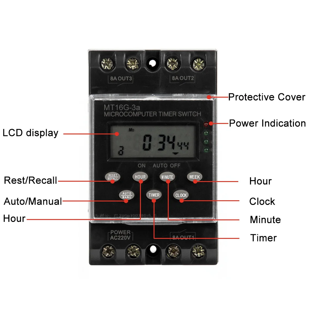 ManHua Electronic Programmable Time Switch 220VAC 25A 1 Minute to 168 Hours 3 Channels Digital Automatic Timer Din Rail Mount images - 6