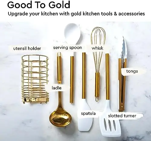 Brass/Gold Cooking Utensils Set for Modern Cooking and Serving - 5 PC  Dishwasher Safe Stainless Steel Gold Utensils Set - Serving Spoon, Ladle 