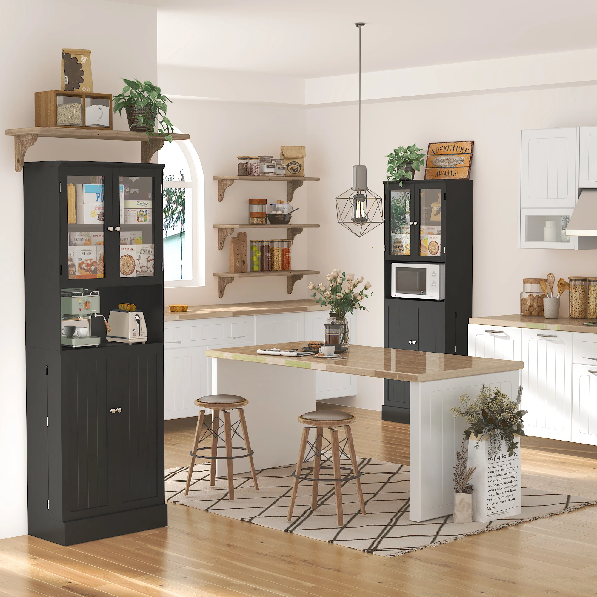 71" Tall Pantry Cabinet, Kitchen Pantry Storage Cabinet w/Glass Doors & Microwave Stand, Black Freestanding Hutch Cabinet