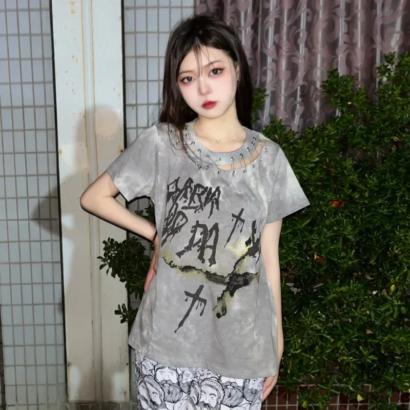 

Ruibbit New Arrival Japanese Harajuku Gothic Short Sleeve Women Punk Hot Girl Loose Pullovers Cotton Grey Tie Dyed T-shirt Y2k