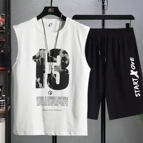 2025 여름 남성 세트 캐주얼 통기성 2 피스 티셔츠 + 반바지 정장 남성 Tracksuit 루즈 조끼 조깅 민소매 탑 남성 정장