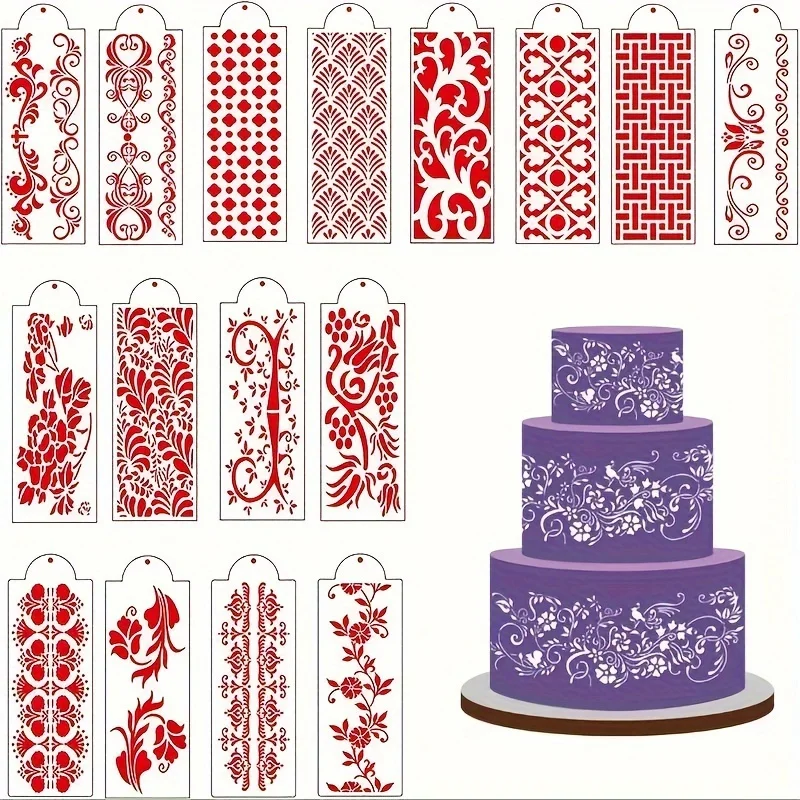 16PCS 레이스 케이크 스텐실 세트 버터 크림 퐁당 장식 Eid 웨딩 생일 DI..