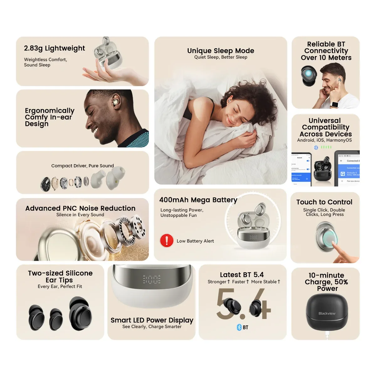 OSCAL Blackview AirBuds 9 Headset, TWS Wireless Earphones Touch Control Headphone, 400mAh Bluetooth 5.4 Heasets, LED Display