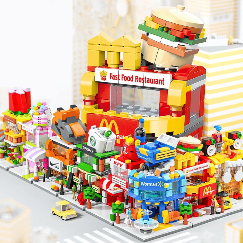 

DIY Architecture Store Street View Food House Building Blocks Kit Girls Bricks Classic Movie Model Kids Toys for Children