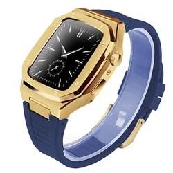 Luxury Stainless Steel Apple Watch Band with Metal Bezel Case for ForSeries456 44mm (Gold blue)