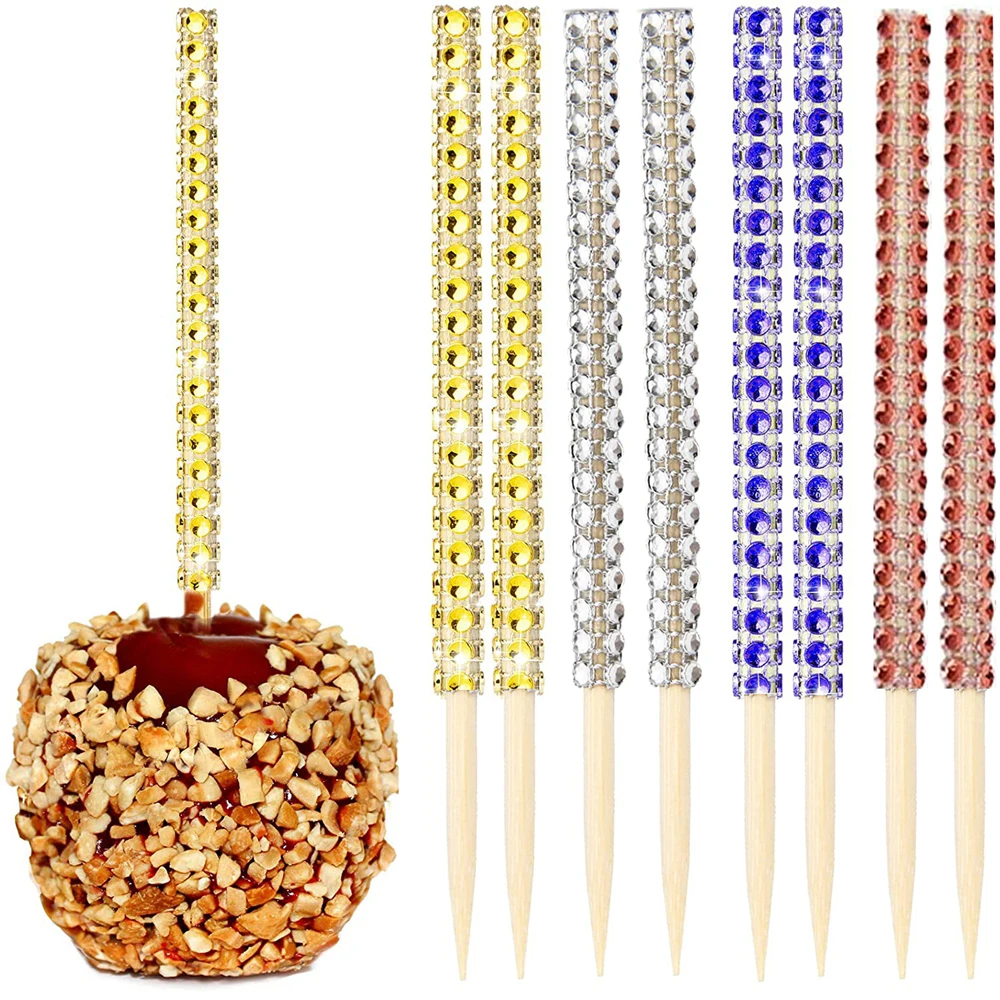

12Pcs Caramel Apple Wooden Pointed Skewers Bling Candy Apple Bamboo Sticks with Rhinestones Diamond Mesh Wrap Party