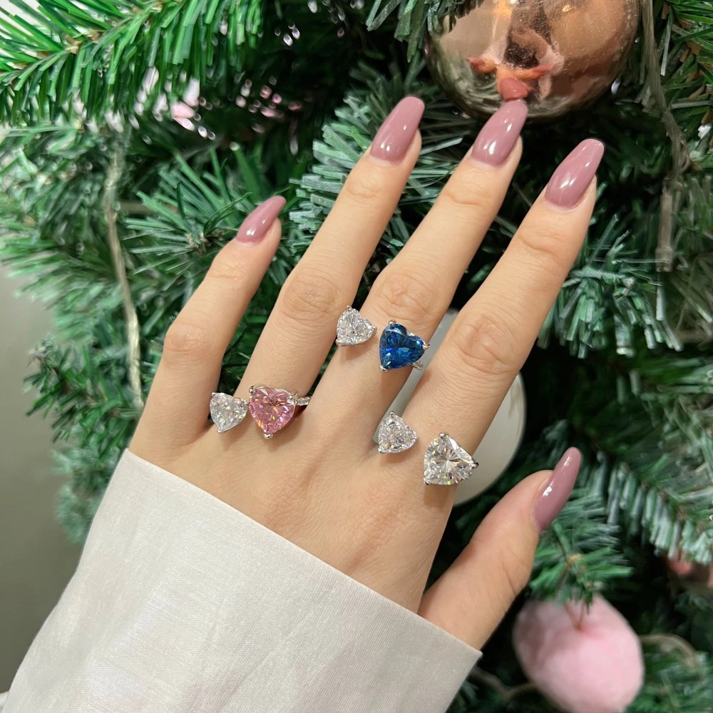 Vinregem Heart Cut Lab Sapphire Gemstone Fashion 100% 925 Sterling Silver Open Ring for Women Jewelry Wedding Gifts Wholesale