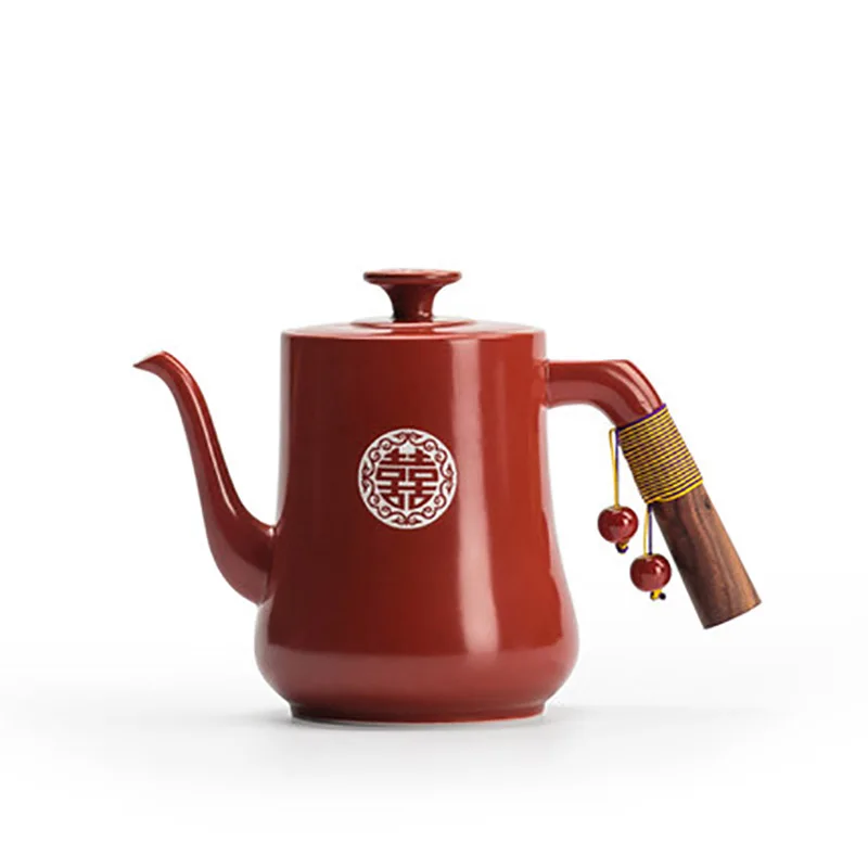 Chinese Double Happiness Red Household Ceramic Tea Set, Teapot Cup with Serving Tea Tray, Souvenir Gift, Wedding Supplies