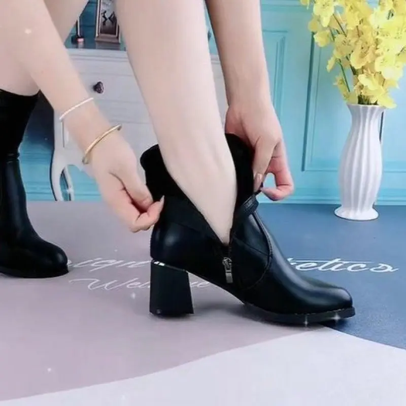 Spring Genuine Leather Women Chelsea Boots Pointed Toe High Heels Women Boots Zipper Ankle Boots For Women 2023 Cowhide Shoes 42