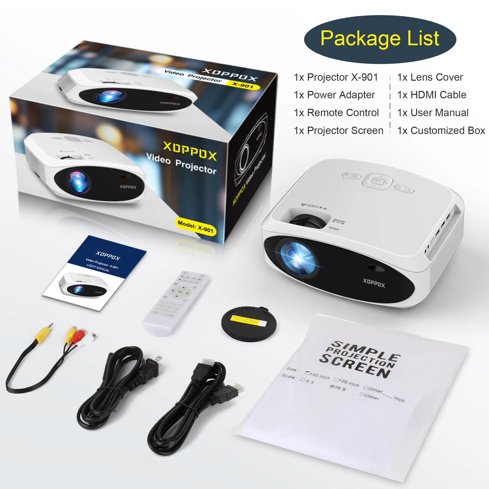 XDPPOX 2000Ansi 4K Projector Full HD 1080P Native Wifi BT5.0 Home Theater Beamer with 100'' Screen Contrast 30000:1