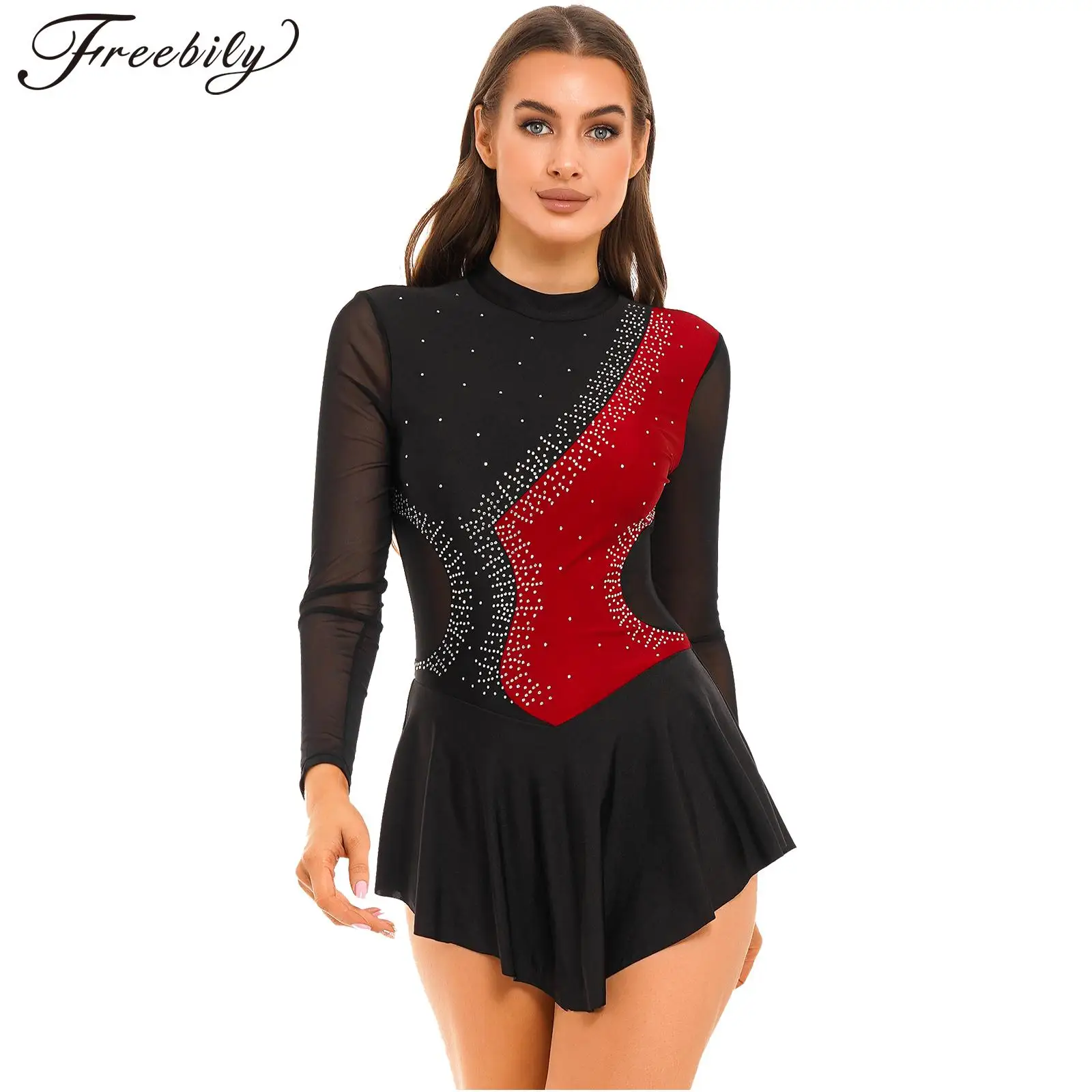 

Womens Figure Ice Skating Costume Ballet Tutu Lyrical Dance Gymnastics Leotard Dress Long Sleeve Rhinestone Sheer Mesh Dancewear