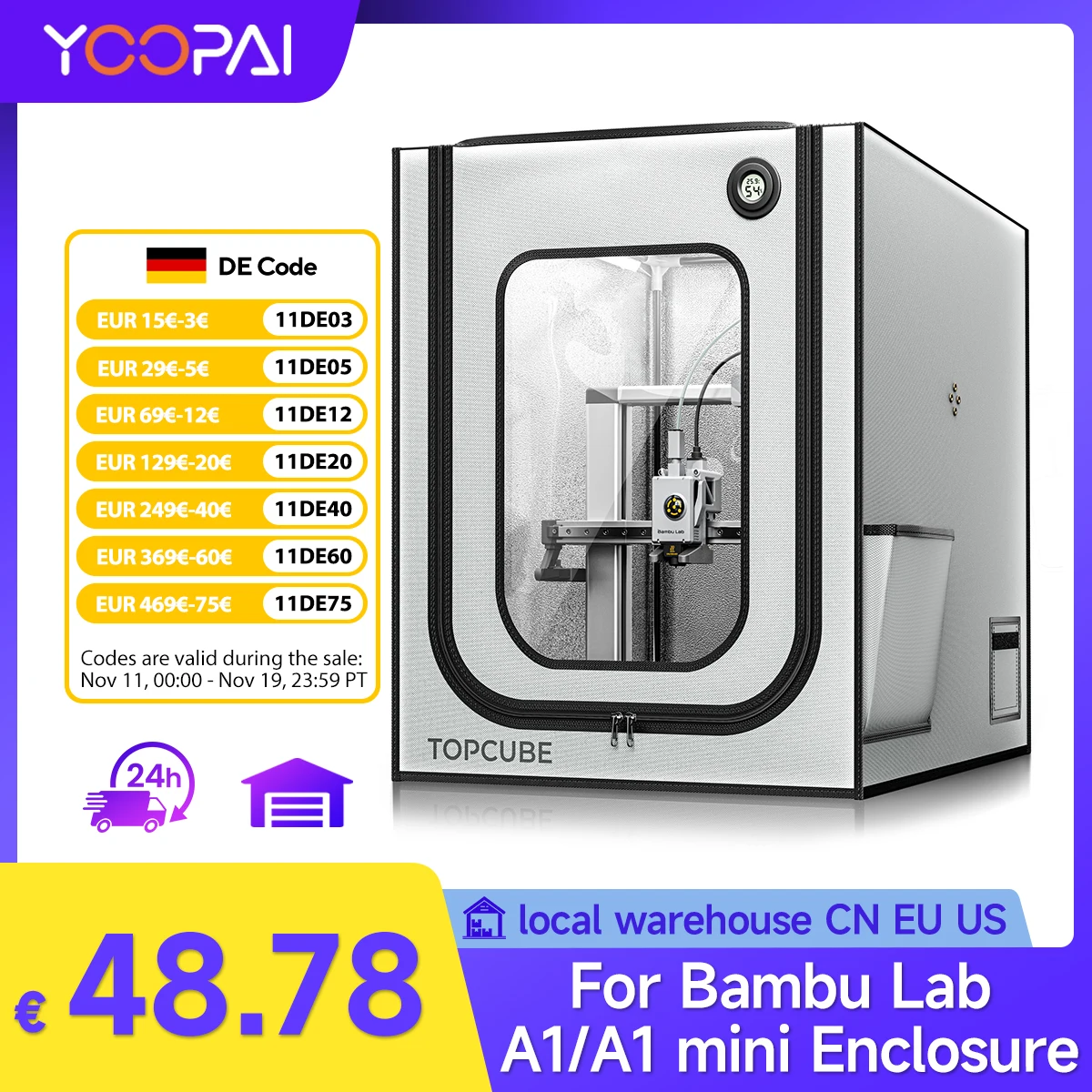 YOOPAI Carcasa para Impresora 3D para Bambu Lab A1 Combo, Cubierta para Impresora 3D con Luz LED, Recinto para Impresora 3D de Temperatura Constante 838 * 588 * 588mm