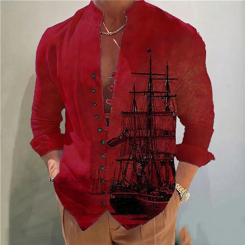 Men's daily casual buckle vintage cardigan stand collar printed shirt Long sleeve classic design shirt Fashion slim shirt