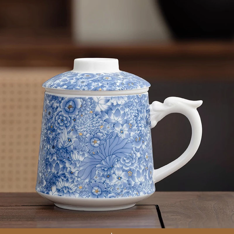 Chinese Style Tea Filtering and Separation Cups, With Cover White Porcelain Personal Mug, Home Drinkware Ceramic Office Cup, 1Pc