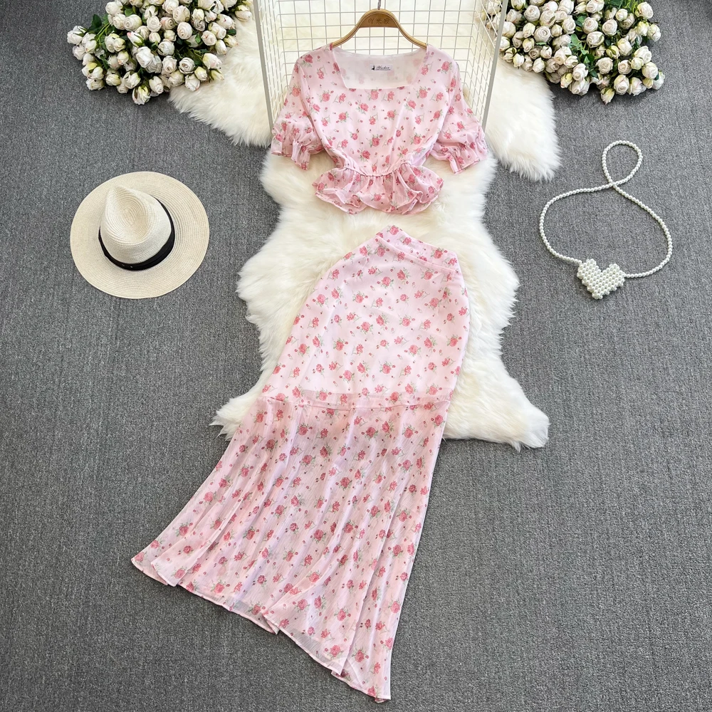 

Vintage Sets Two Pieces T Shirts Korean Women Office Ladies A Line High Waist Elegant Female Casual Trumpet Mermaid Folds Skirt