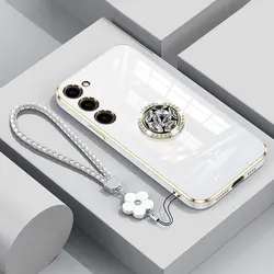 Luxury Phone Case with Holder and Diamond Ring Design - Shockproof Cover with Lanyard for Poco c85 (Beige)