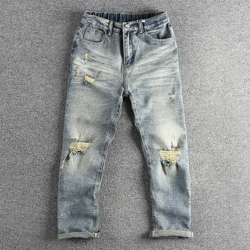 

Vintage Ripped Hole Flash Style Washed Denim Jeans for Men Wide Leg Loose Straight Pants Spring Summer Fashion Youth Male Casual