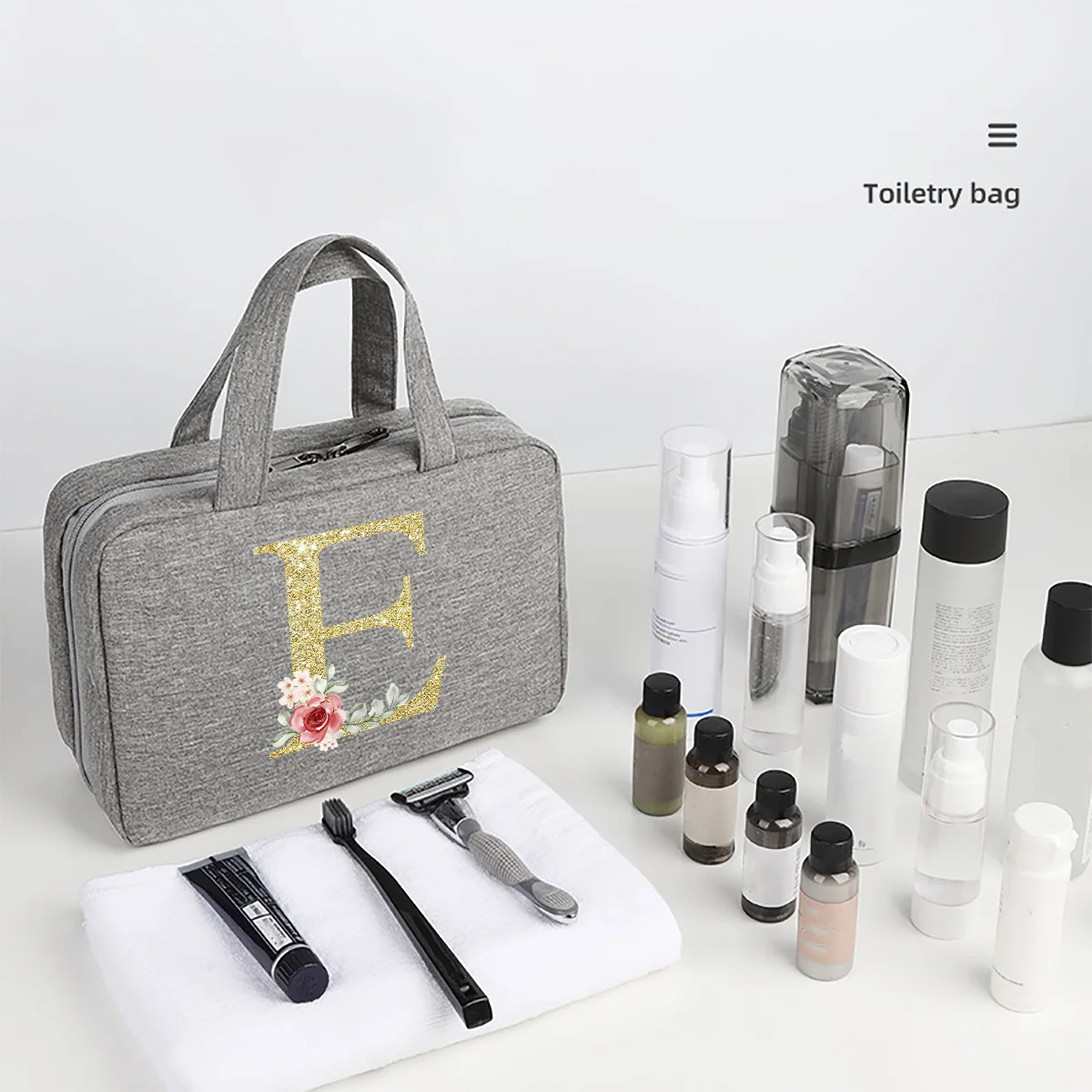 Golden letter printed travel waterproof folding dry wet separation toiletries bag with large capacity cosmetic storage bag
