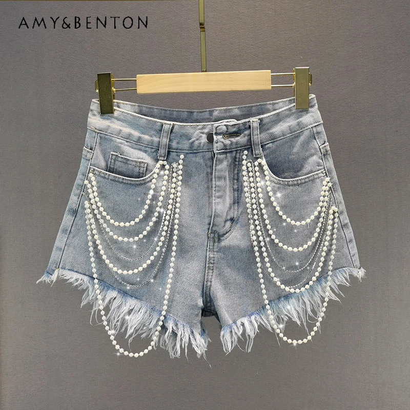 

Street Fashion Denim Shorts Women Summer New High Waist Slim Heavy Work Rhinestone Tassels Wide Leg Pants Sexy Hot Girl Shorts
