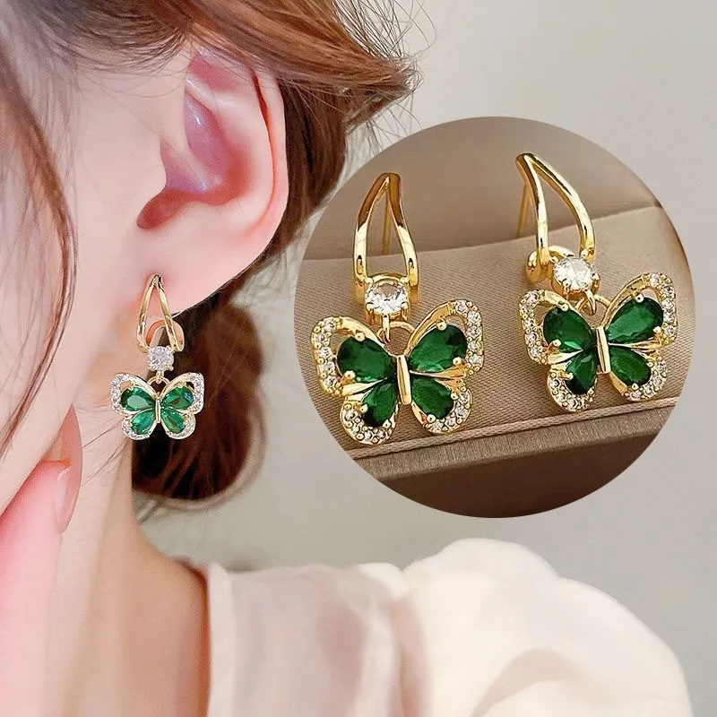

925 Silver Needle Green Crystal Butterfly Drop Earrings For Women Korean Jewelry 2023 Trending Fairy Luxury Women's Earrings New