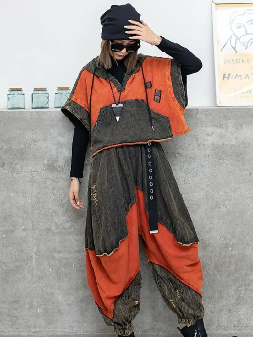 

Personalized Distressed Color Block Loose Hooded Vest Harem Pants Fashion Set Women's Spring And Summer New 2 Piece Set Fashion