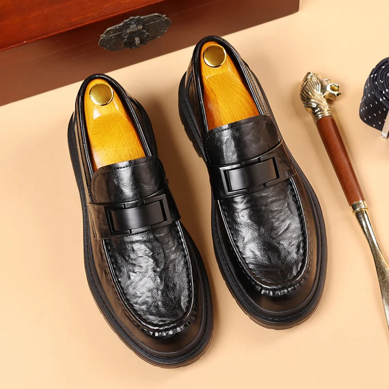 Men's Leather Shoes Fashion Business Thick Soles Slip-on Casual