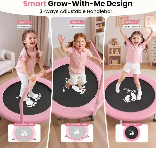 36" Toddler Trampoline for Kids Ages 1-6 with Safety Pad, Adjustable Handle, Easy Fold, Indoor/Garden Fun & Exercise