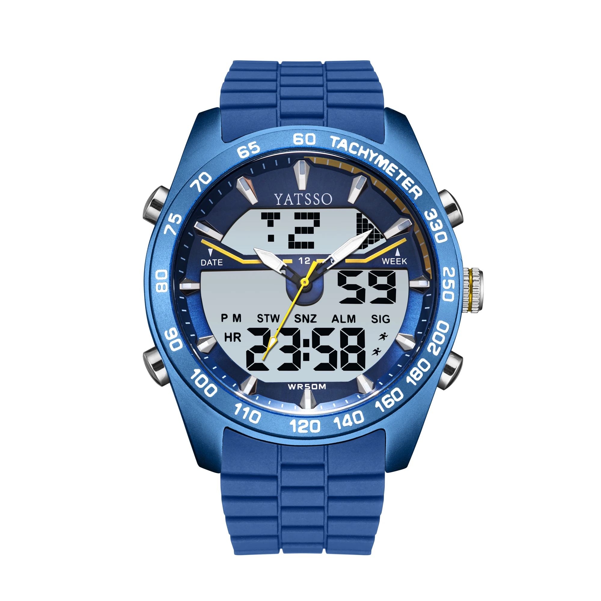 YATSSO men's alloy dual time display quartz watch led light alarm clock waterproof