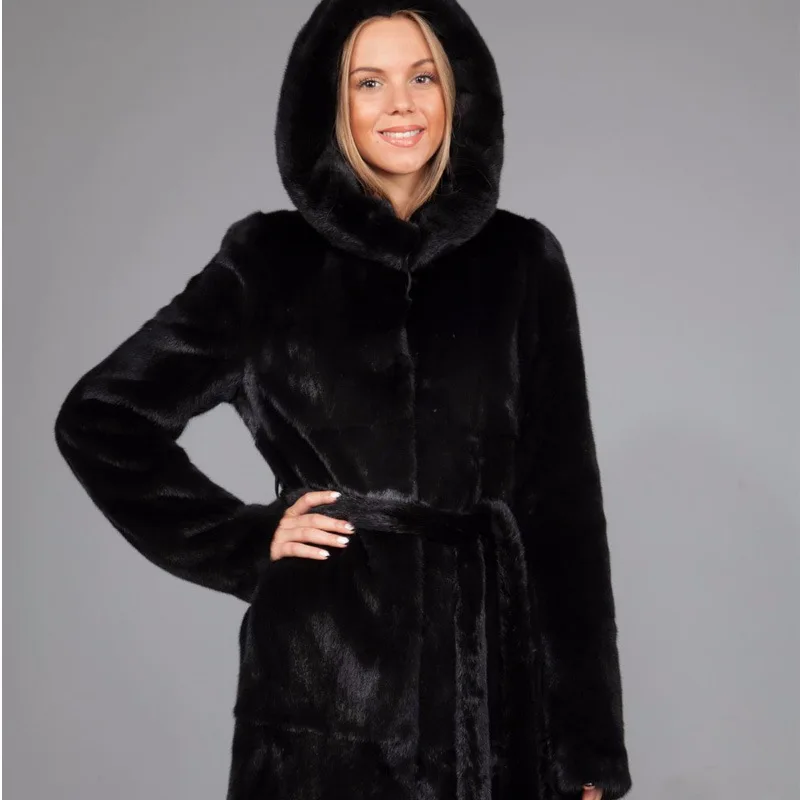 Imitation Fur Coat Mink Fur Coat Women's Medium Length Black Belt Warm Imitation Mink Fur Coat