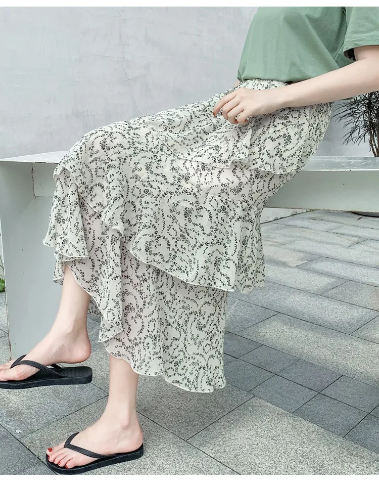 Summer Skirts Womens 2022 New Polka Dots Floral Print Chiffon Pleated Skirt Irregular Cake Skirt Casual Midi Skirt Women Clothes hoop skirt