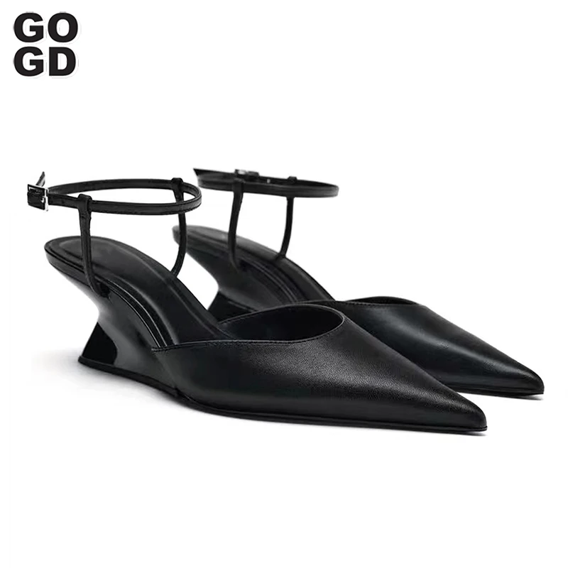 GOGD New 2024 Brand Fashion Women's Wedges High Heels Pointed Toe Strap Buckle Shallow Party Sandals Low Heels Elegant Style