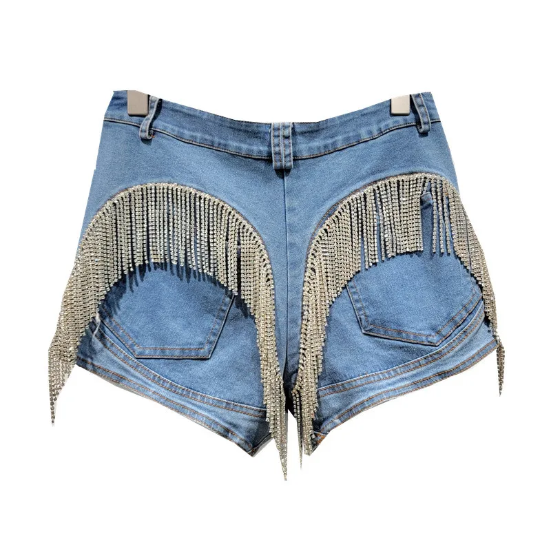 Heavy Industry Bright Crystal Tassel Stitching High Waist Denim Shorts Women 2024 Summer New Streetwear Stretch Tight Hot Pants